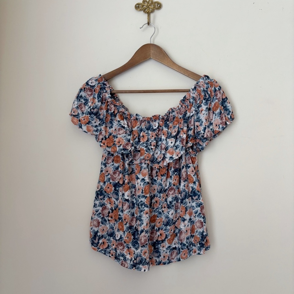 Current Elliott Blue & Peach Floral Ruffle Off Shoulder Top Sz 2 Medium
